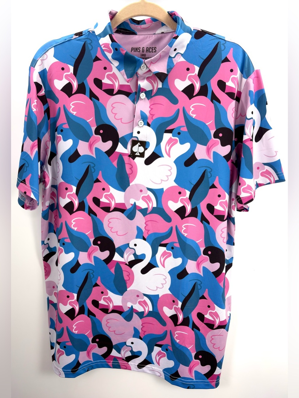 Pins & Aces Flamingo Golf Polo Shirt SeaPort Men’s L Pink Blue Performance Stret